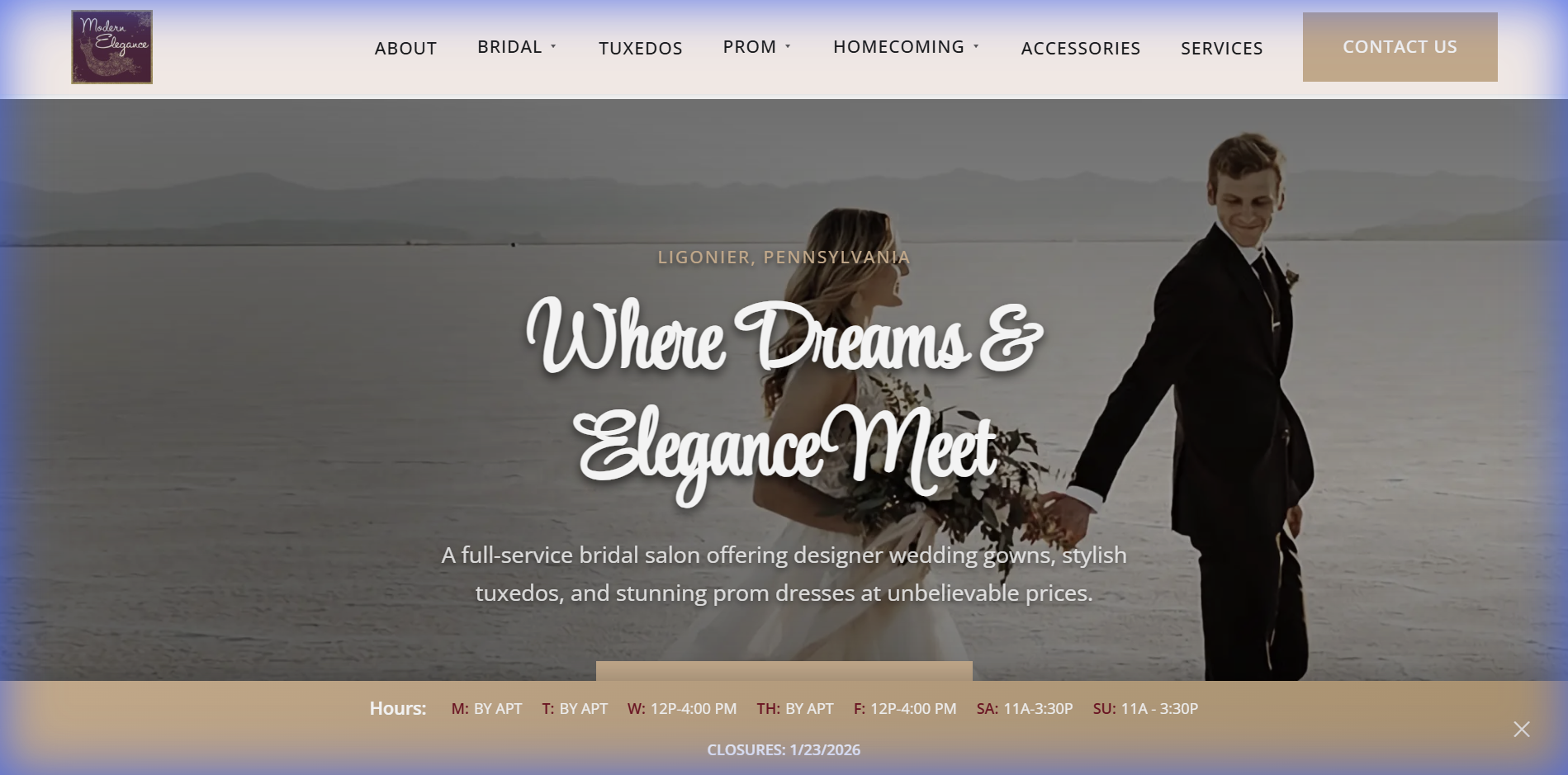 Screenshot of the Modern Elegance Formal Wear website.