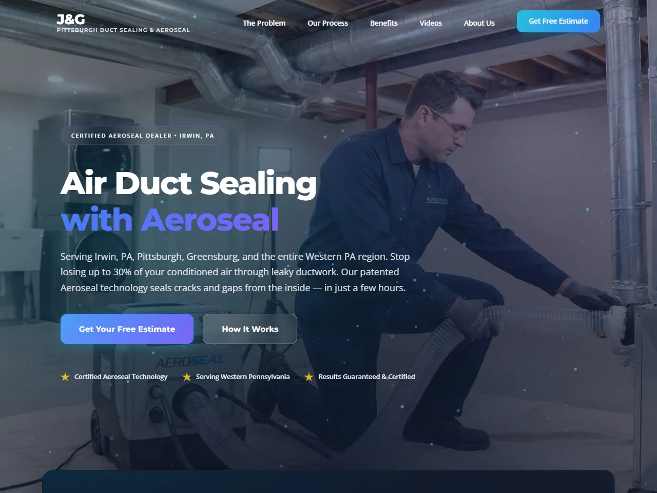Screenshot of the J&G Duct Sealing website.