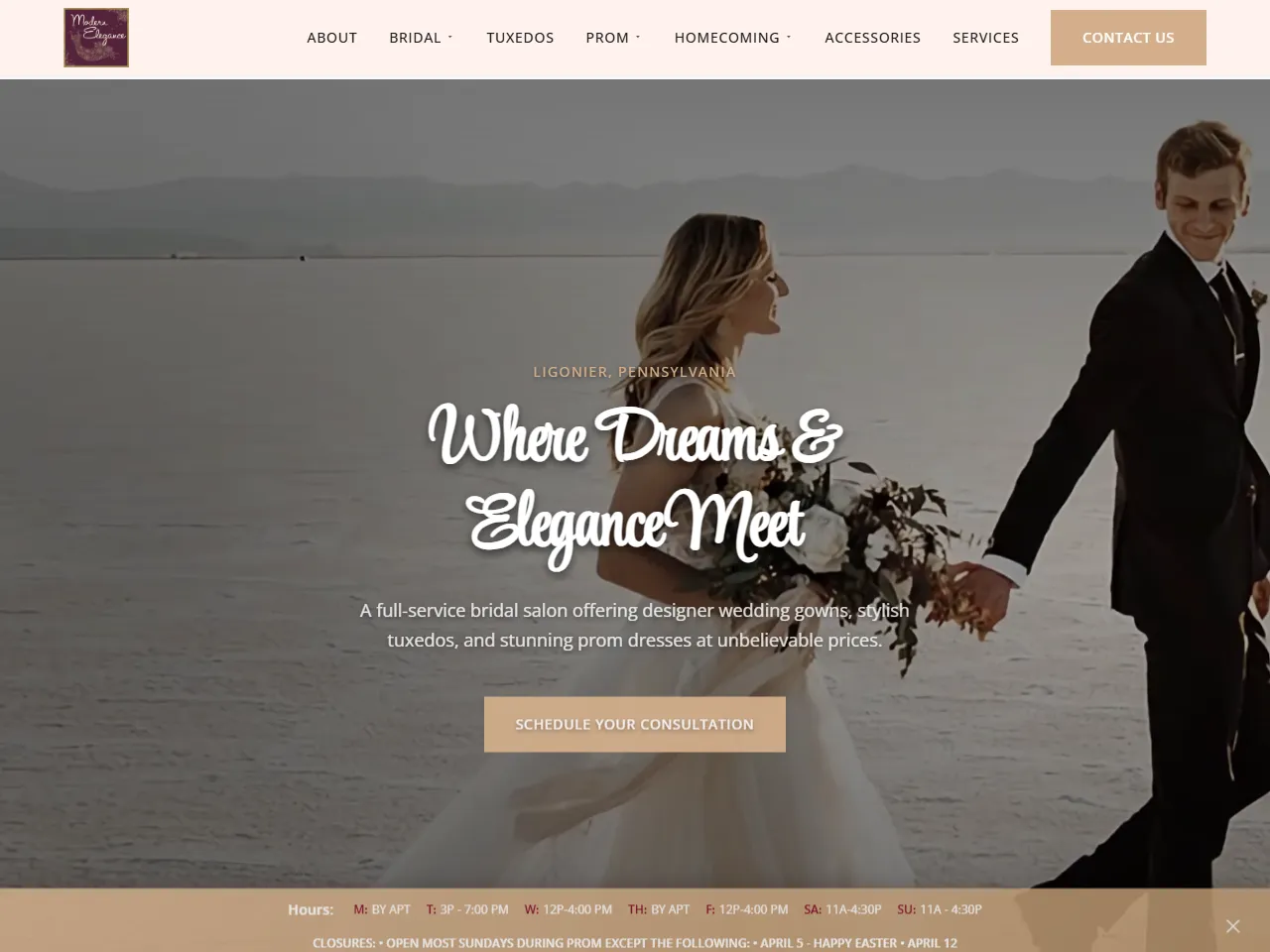 Screenshot of the Modern Elegance Formal Wear website.